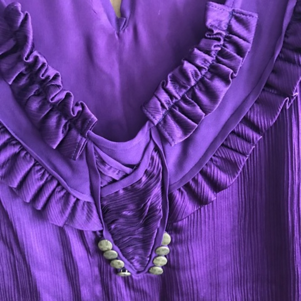 New without tags MAYLE purple satin dress, sleeveless with ruffled bib front, br